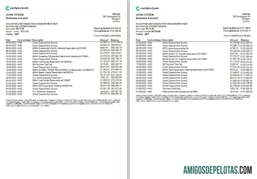 Modelo Word e PDF de extrato bancário Cashplus para impressão do Reino Unido